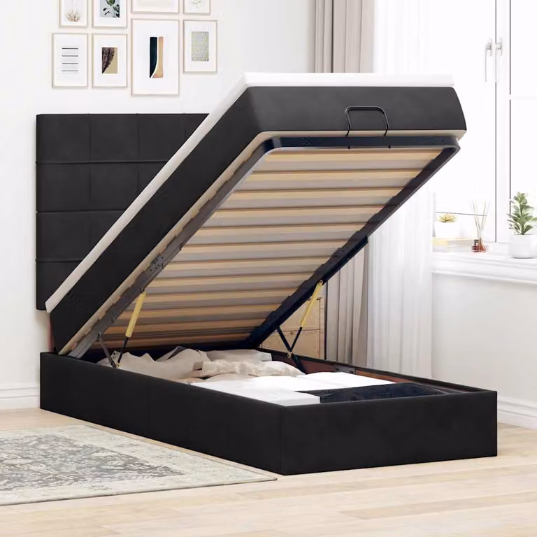 Letto con contenitore a sollevamento vidaXL in velluto nero, L: 100 cm, P: 200 cm, H: 140 cm