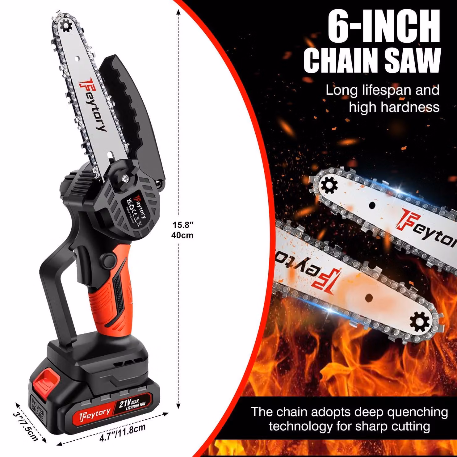 Mini motosega - Motosega a batteria da 15 cm - Motore brushless - 21 V, 1500 mAh, agli ioni di litio - 3500 giri/min - 1,2 kg - Impugnatura antiscivolo