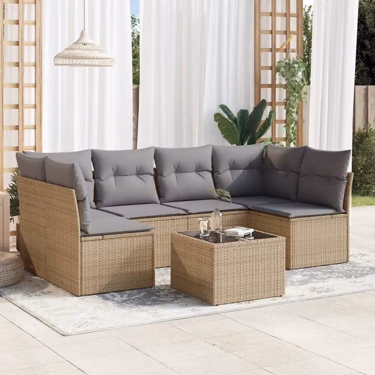 vidaXL Set Divani da Giardino 7 pz a L con Polyrattan e Cuscini Beige e Grigio