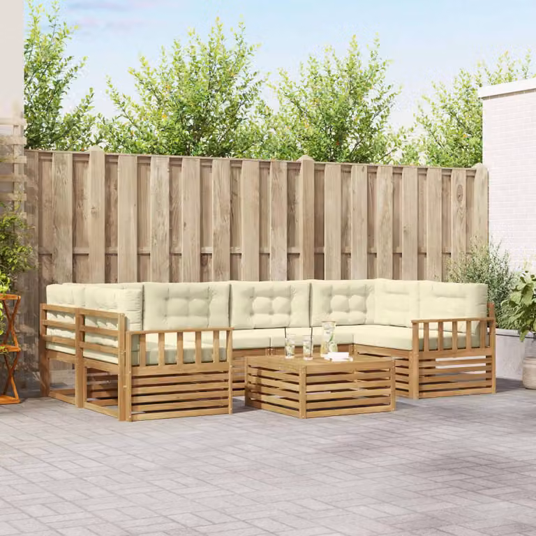 Set di divani da esterno vidaXL a forma di L composto da 7 pezzi con tavolino da caffè, struttura in legno di acacia e cuscini in tessuto bianco, beige e marrone
