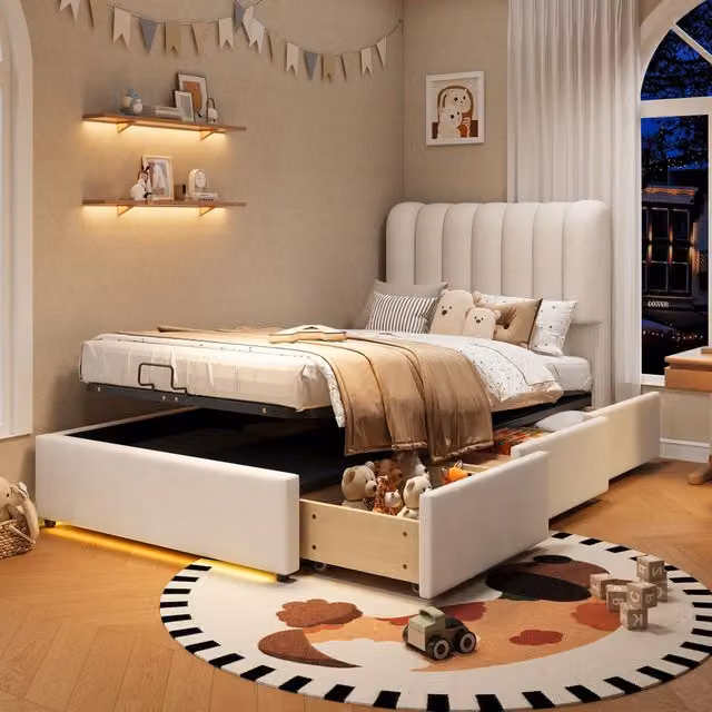 Letto singolo contenitore 90x200 cm in velluto beige; imbottito; con 3 cassetti e luce LED