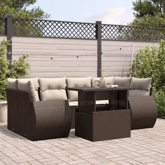 Set Divani da Giardino 7 pz con Cuscini Marrone in Polyrattan 3268393