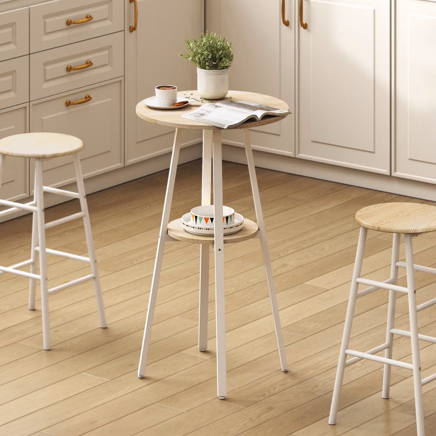 Tavolo alto rotondo HOMCOM con mensola, design moderno per cucina o sala da pranzo, bicolore naturale e bianco – 2
