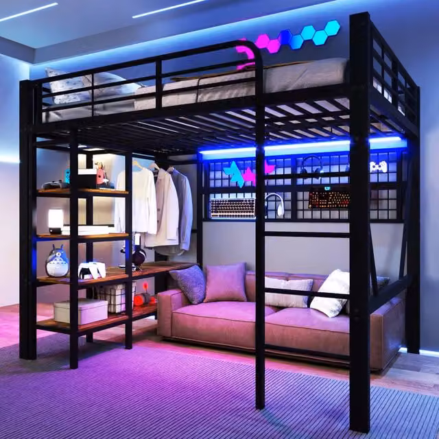 Letto a castello 140x200 - Xylo - Nero con LED e armadio