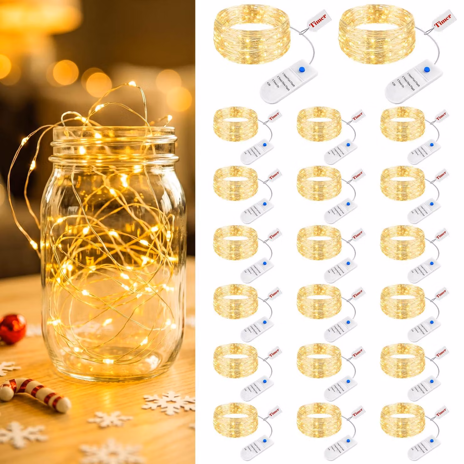 Set di 20 lampadine, catena luminosa da 2 metri con timer, 3 modalità, luce bianco caldo