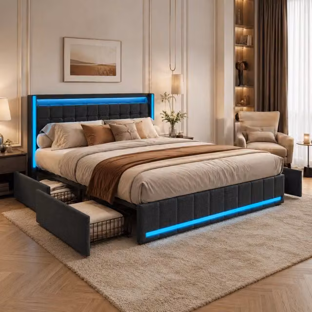 Letto matrimoniale imbottito 140x200 cm Grigio, Striscia LED RGB, Testiera con USB+Type-C, 4 cassetti contenitore, Telecomando e App
