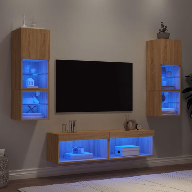 Mobile TV a muro vidaXL con illuminazione LED integrata, 6 pezzi, Rovere Sonoma, Legno Multistrato Marrone