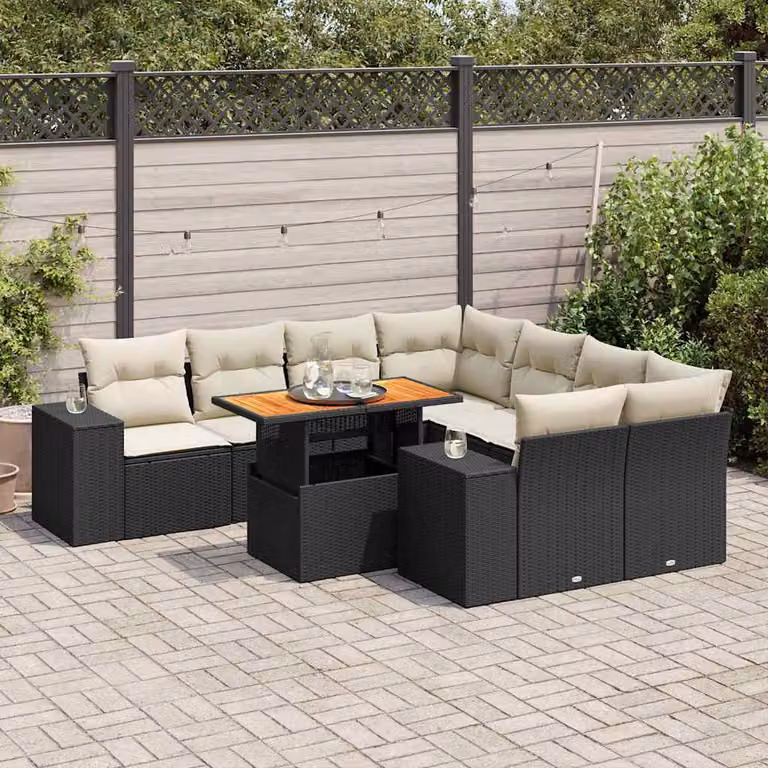 Set di divani da giardino vidaXL in polyrattan nero con cuscini e tavolino da esterno a forma di L