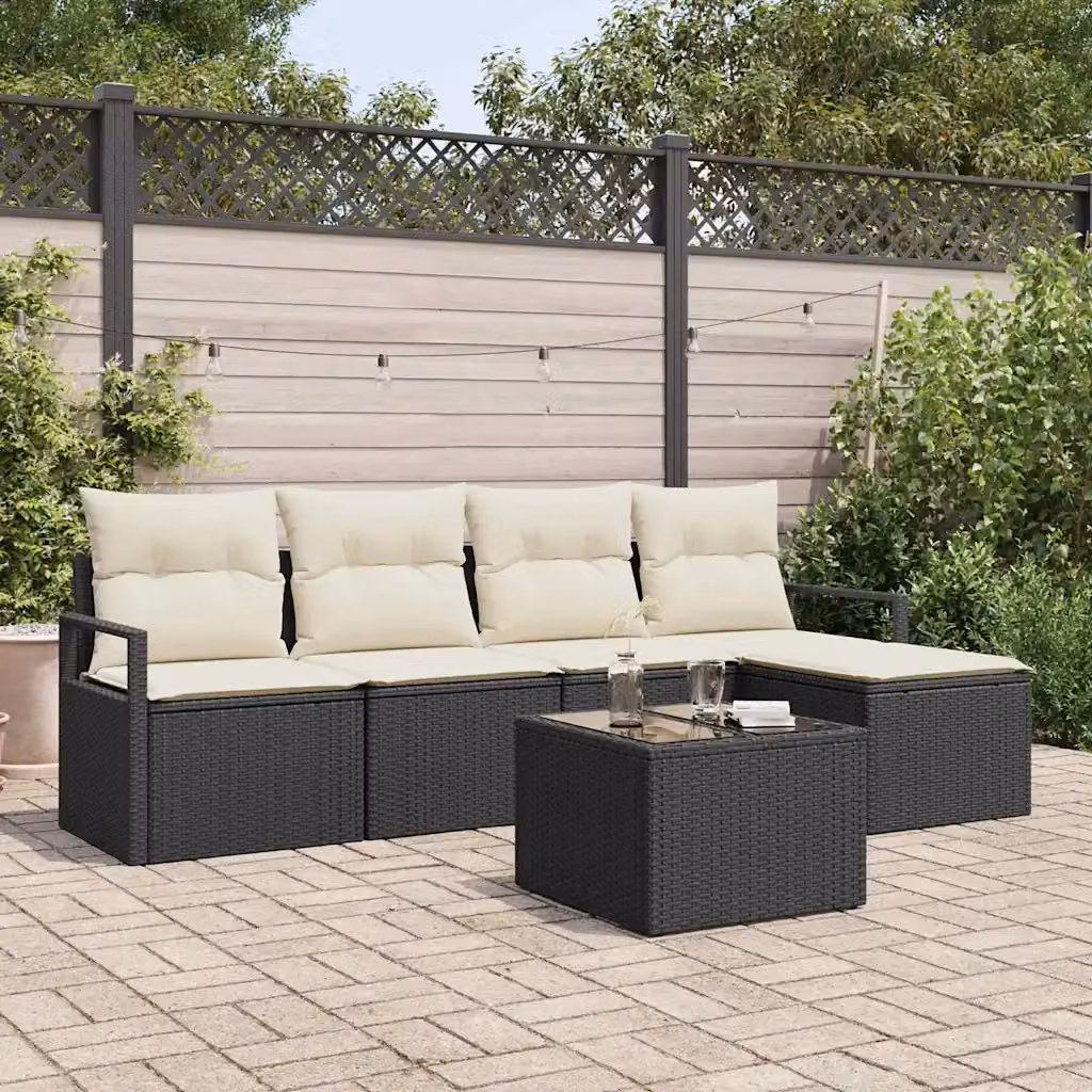Set di divani da giardino vidaXL a forma di L composto da 6 pezzi con cuscini beige e struttura in metallo nero e rattan resistente ai raggi UV