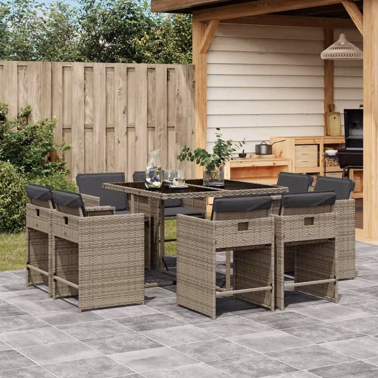 vidaXL Set da Pranzo da Giardino 9 pz in Polyrattan e Vetro Grigio e Nero