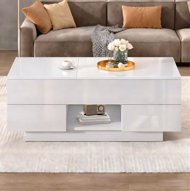 Tavolino da salotto con piano rialzabile e regolabile in altezza; 2 cassetti; LED; 100 x 45 x 43 cm; bianco; truciolare