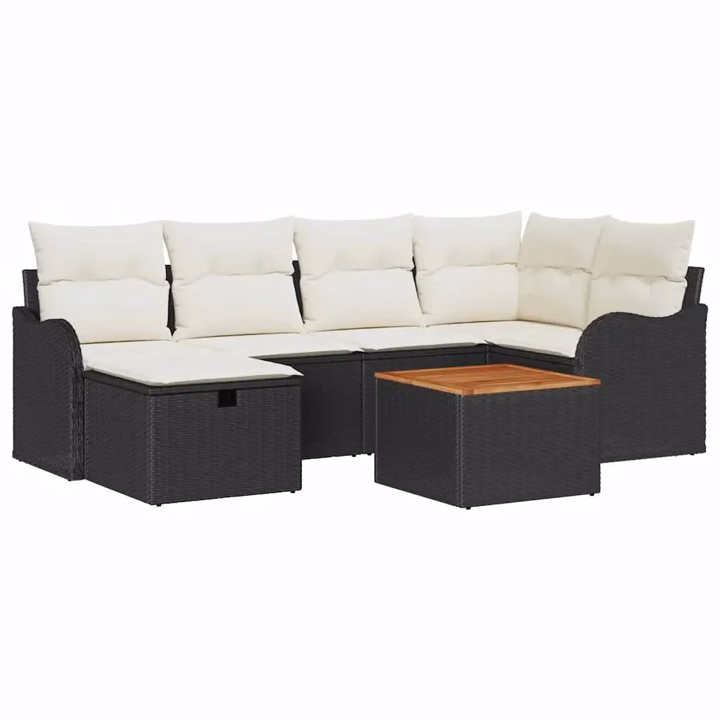 Set Divano da Giardino a L vidaXL 7 pz Nero con Cuscini e Tavolino da Esterno in Rattan e Acciaio – 2