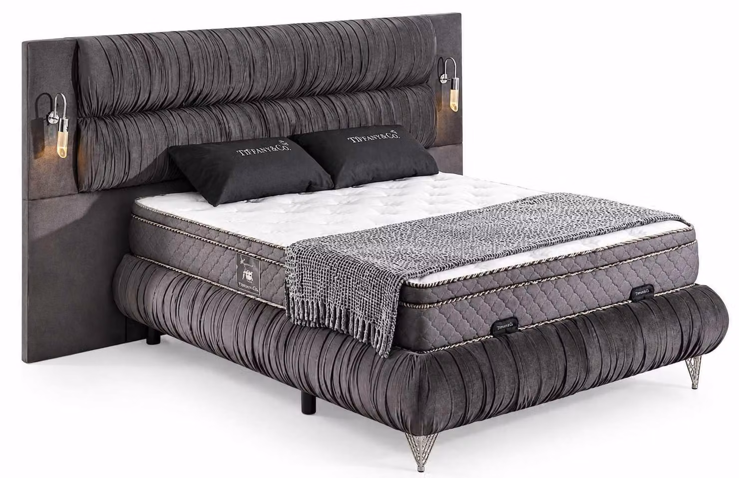 Letto imbottito grigio, lussuoso, con testiera verticale, rivestito in tessuto, dimensioni 220x230 cm, design moderno