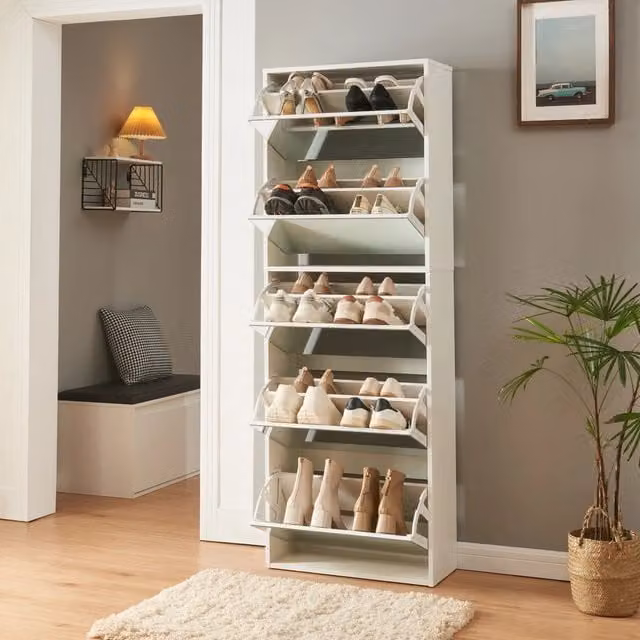 Scarpiera Stretta Lund en.casa con Ante a Specchio e 5 Contenitori Ribaltabili, Bianca, H 169 x L 60 x P 24 cm