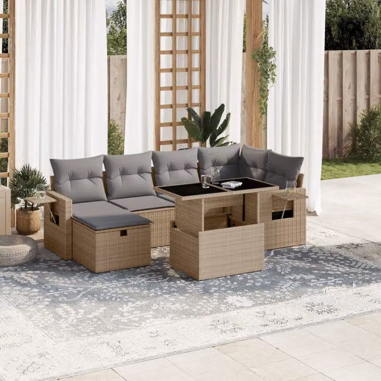 vidaXL Set Divani da Giardino 7 pz a Forma a L con Cuscini Beige e Tavolino da Esterno in Polyrattan e Metallo