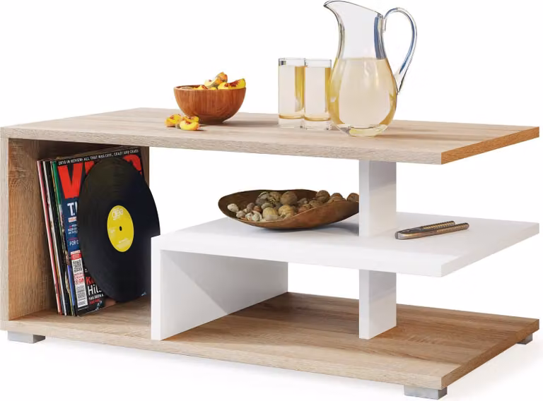 Tavolino All4All, piccolo tavolino da caffè, tavolino per il soggiorno, tavolino da divano con ripiani, tavolino da divano, 90x50 cm, modello 05, rovere Sonoma e bianco