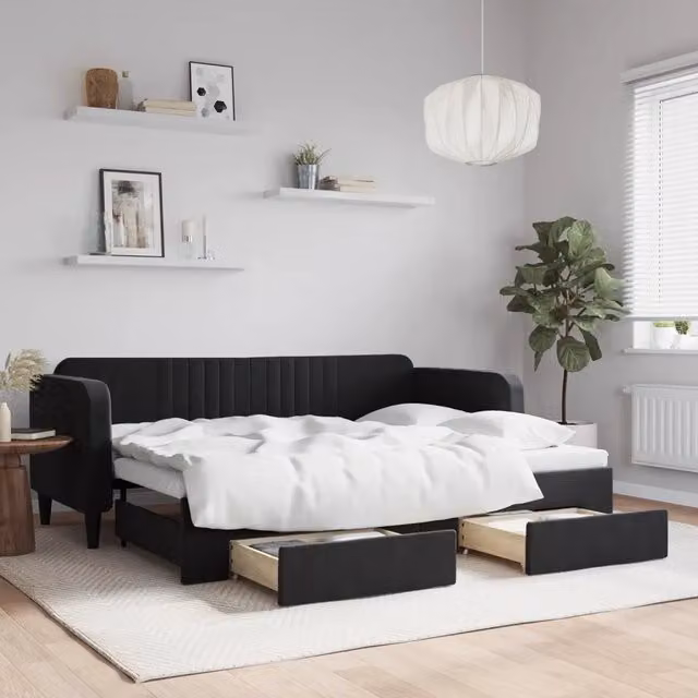 Divano Letto Estraibile con Cassetti Nero 80x200 cm in Velluto 3197108