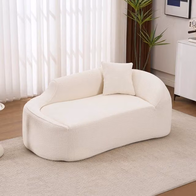 Divano 2 posti curvo in ciniglia; chaise longue con funzione letto; bianco; 1 cuscino