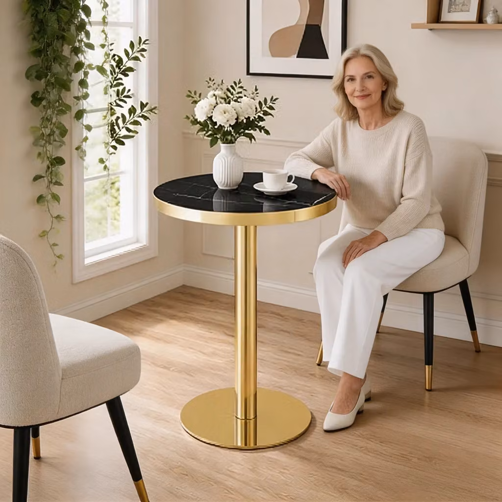 Tavolino basso rotondo OKWISH con piano effetto marmo nero e base in metallo oro, design moderno per soggiorno, L: 71 cm, P: 71 cm, H: 40 cm