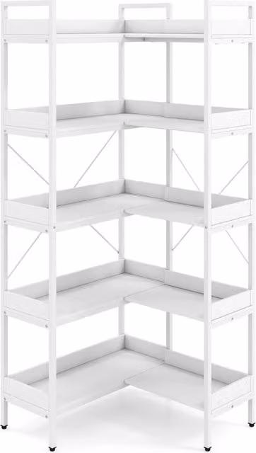 Libreria angolare a 5 livelli scaffale alto e salvaspazio in legno e acciaio, Espositore per libri per salotto cucina e ufficio Bianco