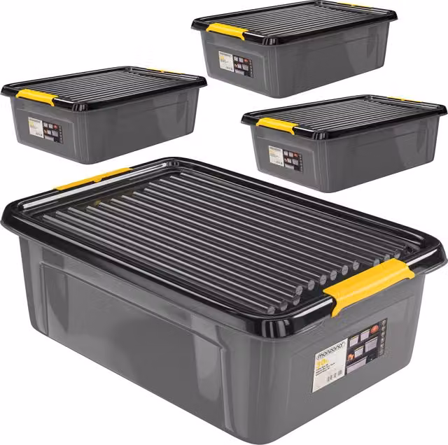 Set da 4 contenitori impilabili Monzana® in plastica grigio, antracite e giallo, L/P/H: 58 x 39 x 16 cm