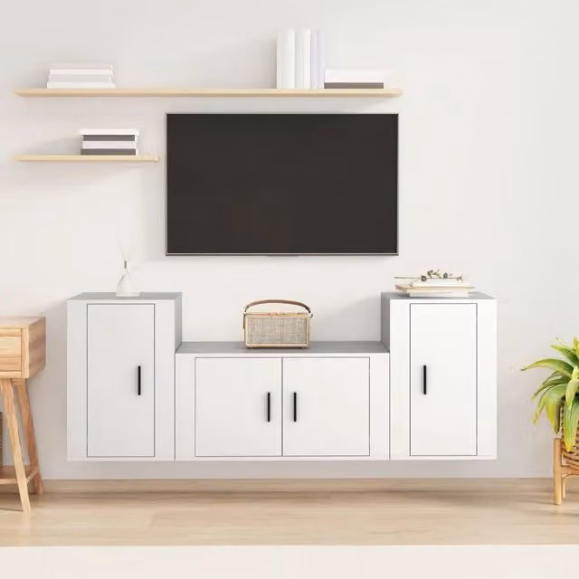 Set di mobili porta TV da 3 pezzi vidaXL in legno multistrato bianco per soggiorno, modello a parete