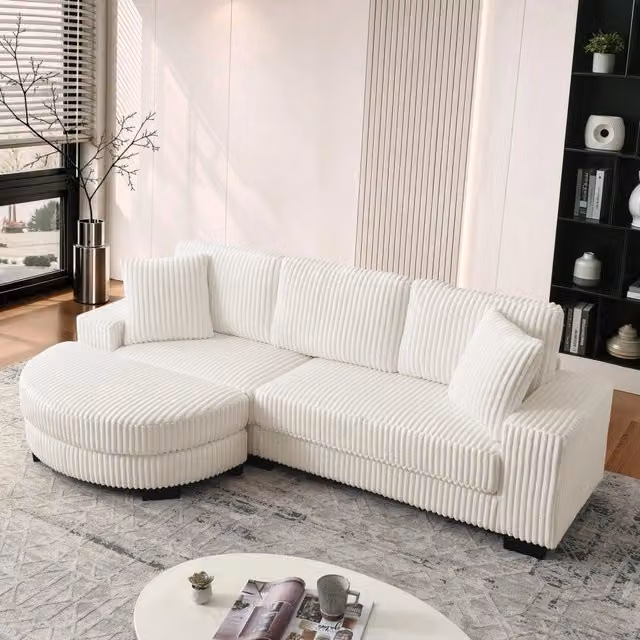 Divano Angolare 4 Posti con Poggiapiedi ¨C MINIMAL ¨C Velluto a Coste Beige, 256x134x89 cm