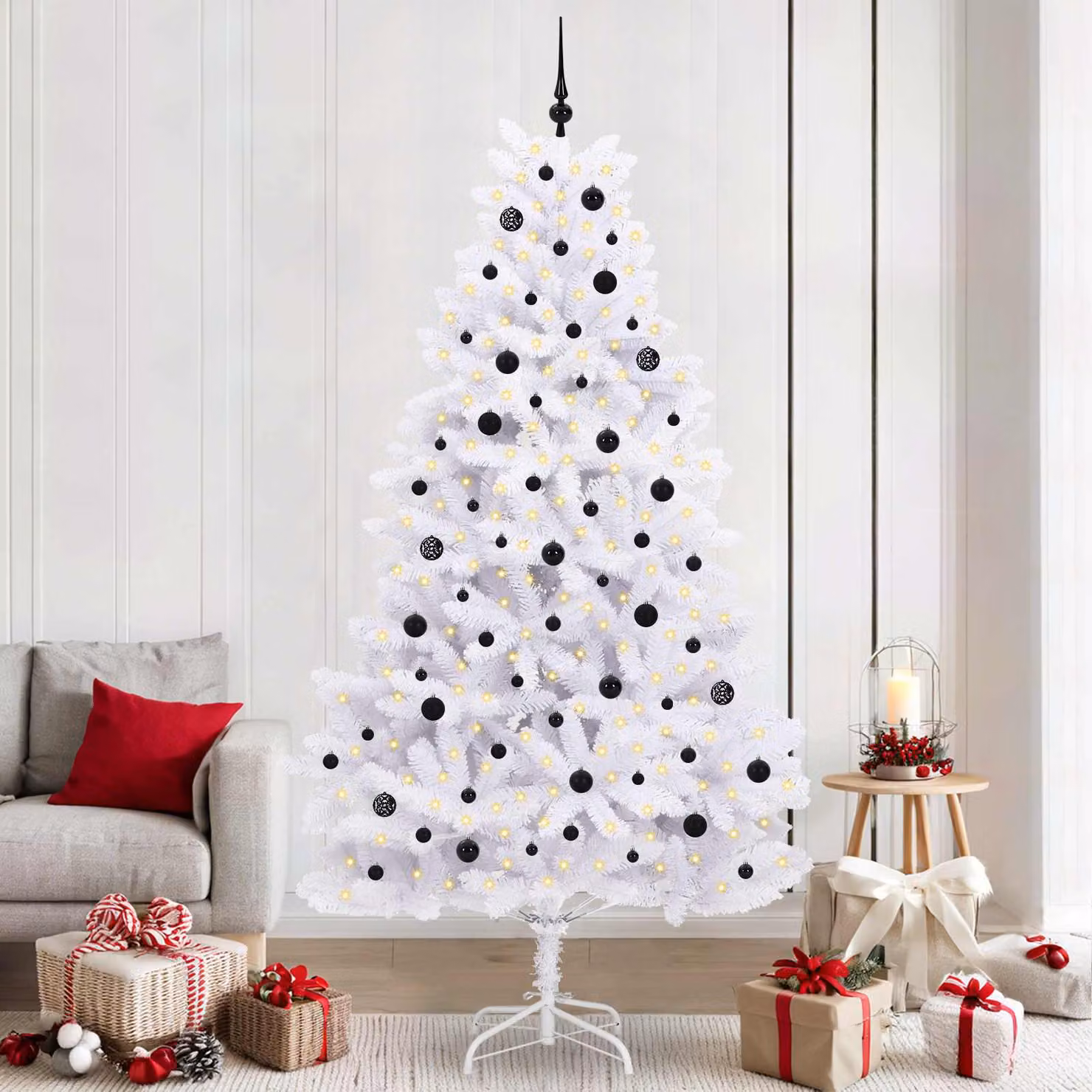 Albero di Natale Artificiale Moderno vidaXL Bianco con LED e Rami Pieghevoli in PVC e Metallo, Altezza: 240 cm