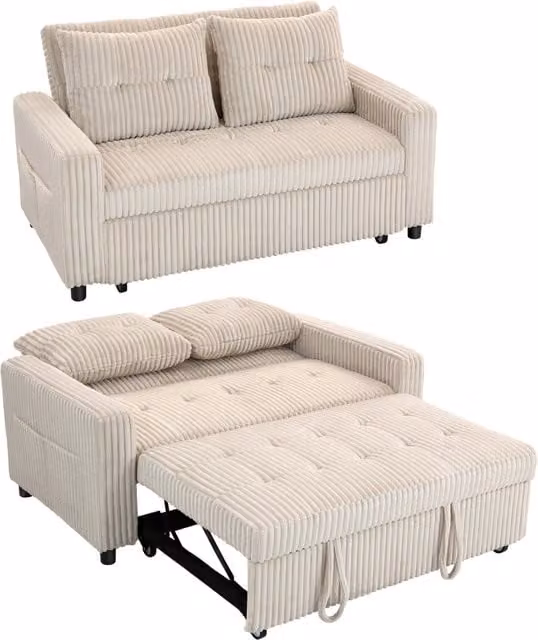 Divano Letto 2 Posti Salvaspazio in Velluto a Coste con 2 Cuscini e Tasche Laterali, Schienale Regolabile, 157 x 190 cm, Bianco Crema