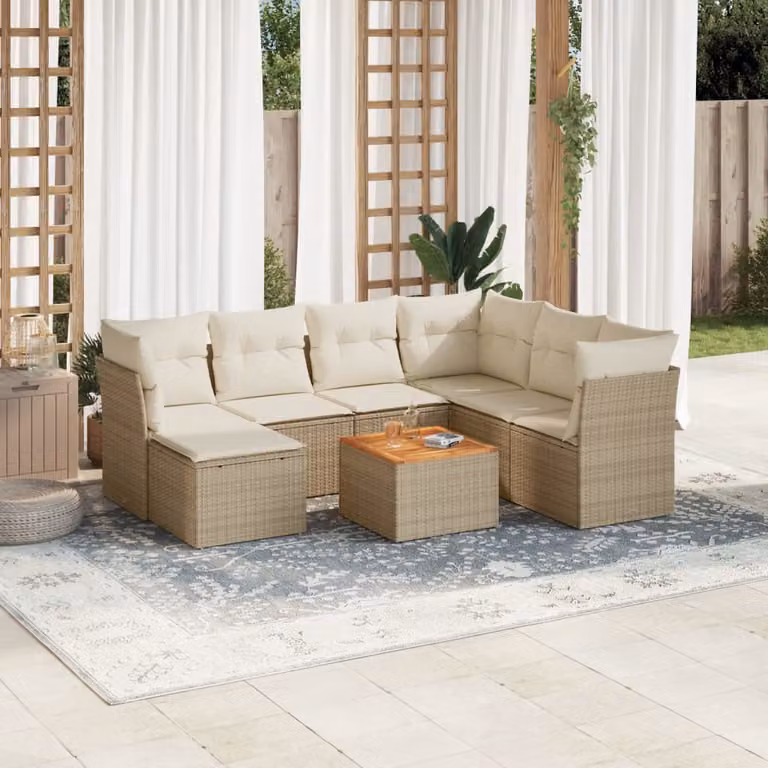vidaXL Set Divano da Giardino a L 8 pz in Polyrattan con Cuscini Beige e Tavolino da Esterno