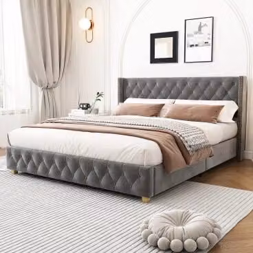 Letto matrimoniale - Xylo - 140x190cm - Grigio - Velluto, borchie, gambe in legno