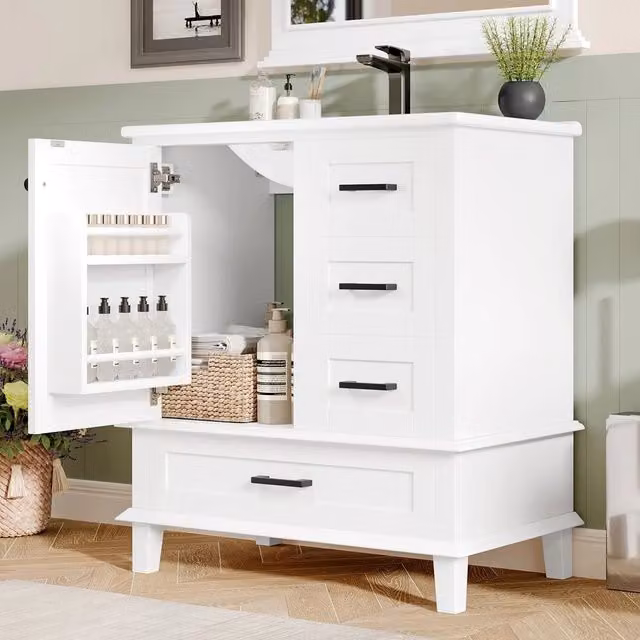 Armadio da bagno con lavabo - Xylo - 76x46x83,5cm - Bianco - Vaschetta in ceramica, tre cassetti silenziosi, scaffale porta