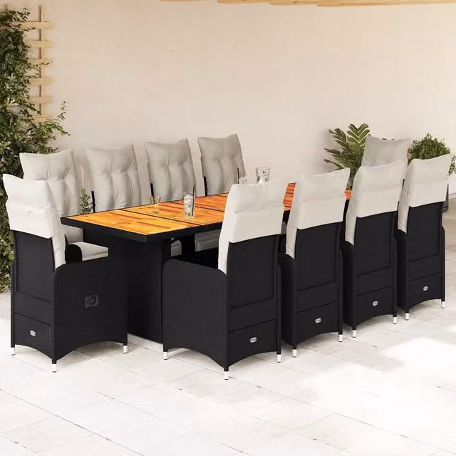 Set da Bistrò da Giardino vidaXL in Polyrattan e Legno di Acacia Nero e Bianco con 11 Pezzi – 1