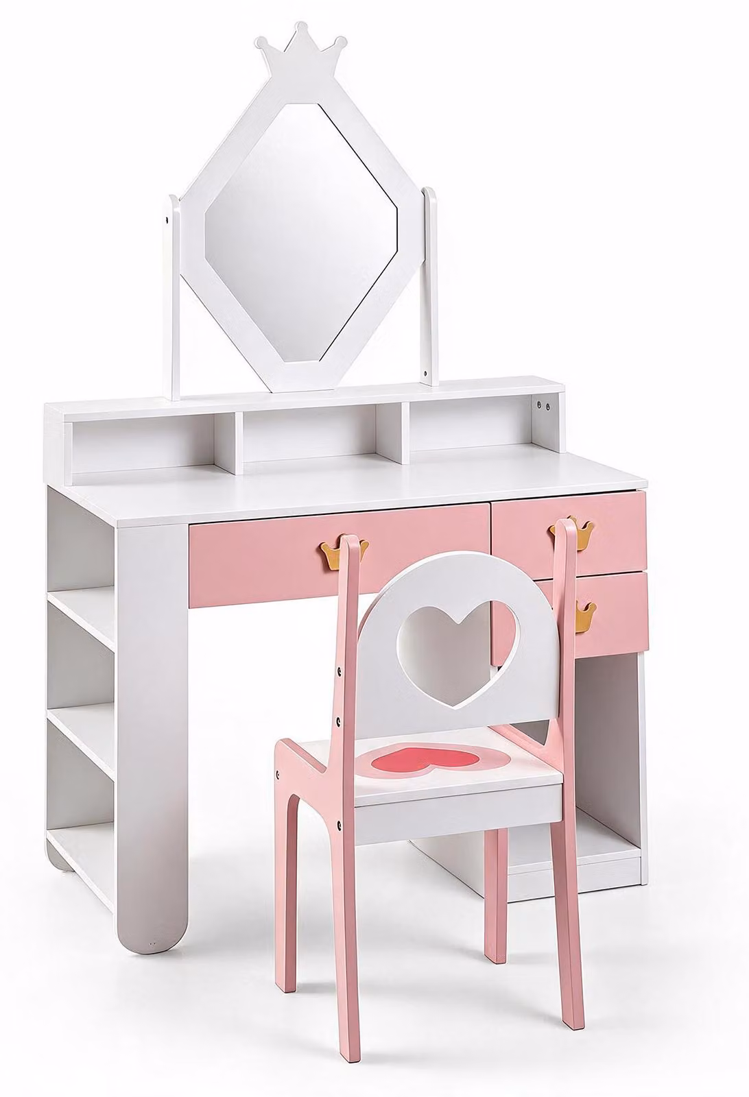 Tavolino da trucco per bambini KOMFOTTEU, completo di sedia e specchio a forma di rombo
