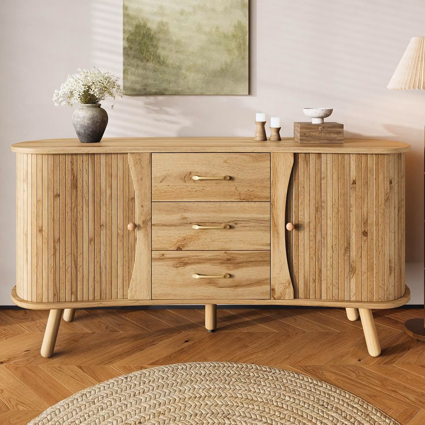Credenza Merax con ante scorrevoli e cassetti, cassettiera con effetto rigato, mobile scandinavo con ripiani, soggiorno e ingresso, marrone