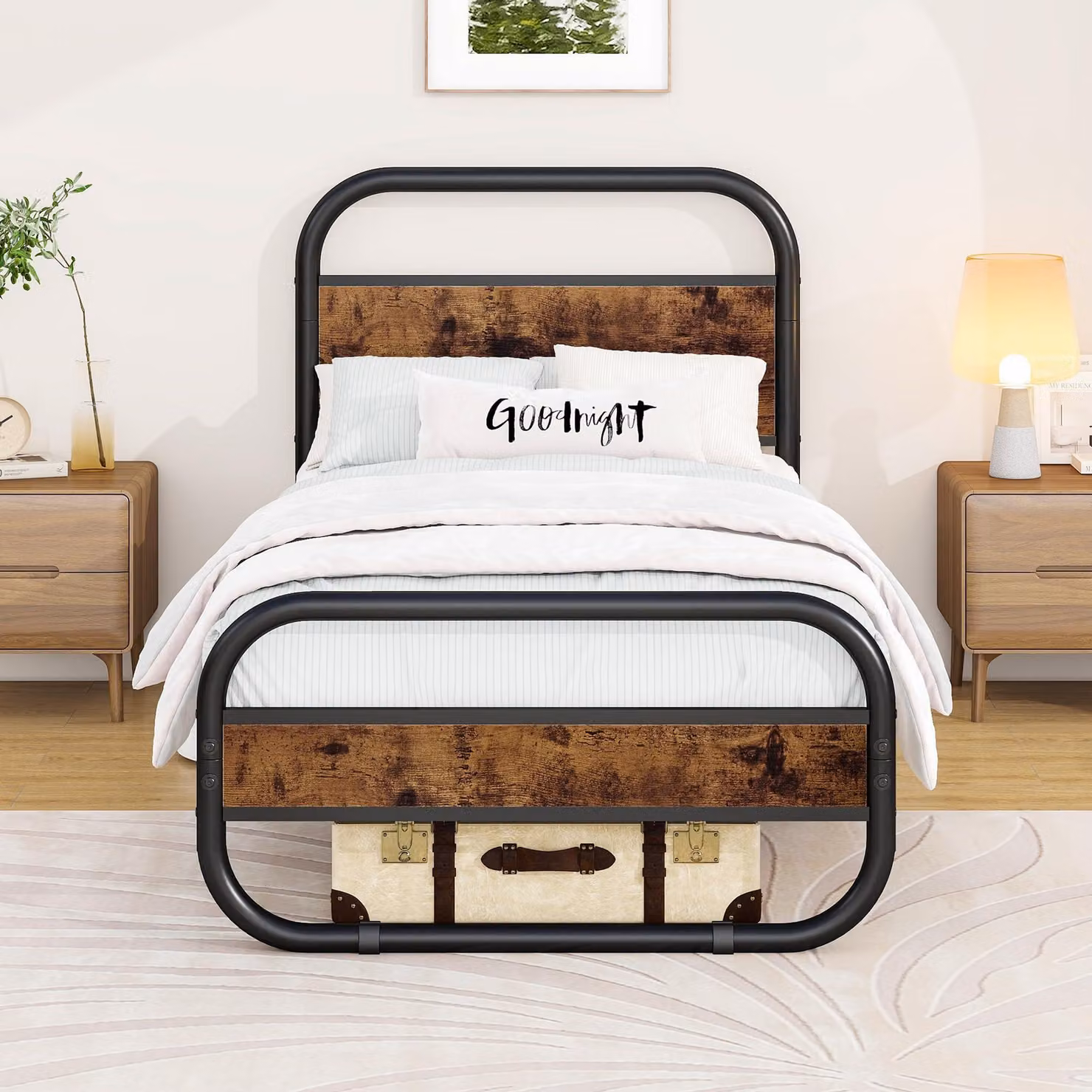 Letto singolo con testiera, forma ovale, rete a doghe in acciaio, spazio contenitivo, colore marrone