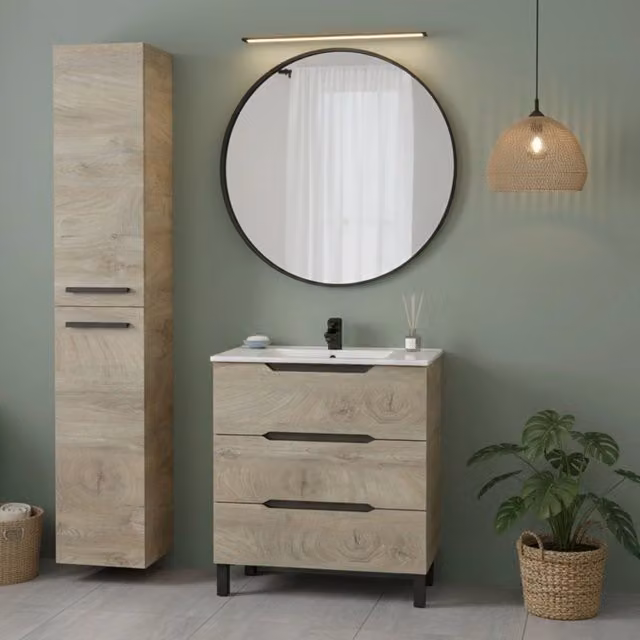 Set Mobili Bagno DMORA Sortino con Mobile Lavabo e Colonna, Marrone Rovere Opaco