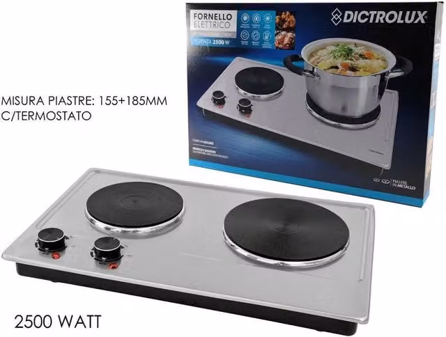 Trade Shop - Fornello Elettrico Con Doppia Piastra Termostato 2500 Watt Per Campeggio 873801 -