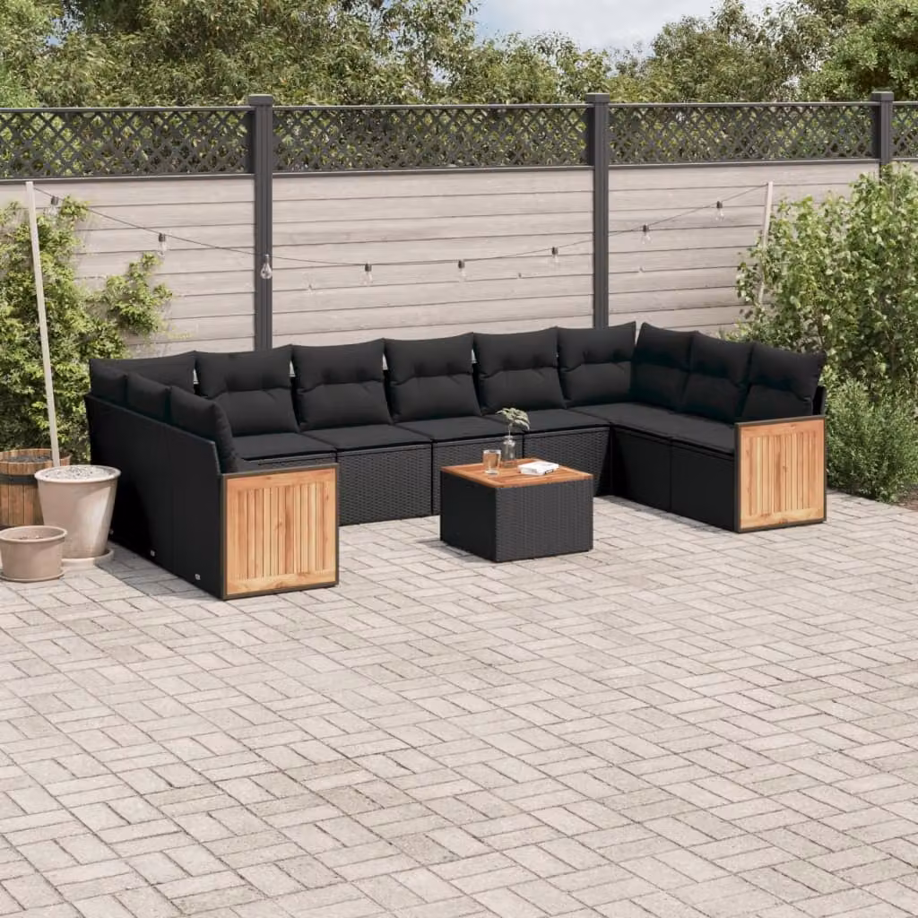 vidaXL Set Divani da Giardino 11 pz Moderno in Polyrattan e Legno di Acacia Nero con Cuscini e Tavolino – 1