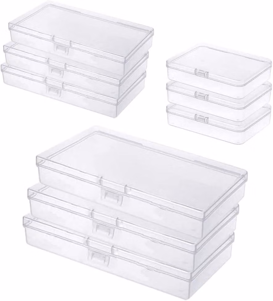 Piccole scatole di stoccaggio in plastica trasparente, set da 9 pezzi, disponibili in 3 diverse dimensioni, ideali per hobby e lavori manuali
