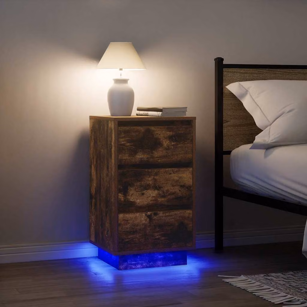 Comodino vidaXL con Luci LED in Rovere Fumo, L 38 cm x P 34 cm x H 65 cm