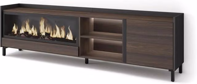 Mobile TV Soggiorno, 212x61x35 cm, Per TV fino a 80", Camino elettrico XXL, Design industriale, LED, Rovere scuro e Nero