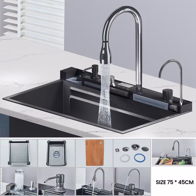 Lavello da cucina con rubinetto - Vasca singola grande, 75x45 cm - Acciaio inossidabile 304 - Finitura spazzolata