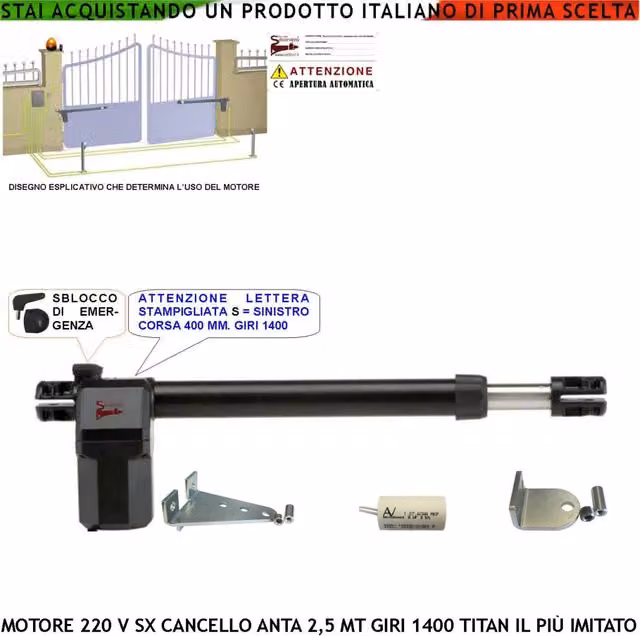 Motore per cancello Titan 230 V Securvera per anta da 2,5 mt, lato sinistro con stelo da 400 mm, corpo in alluminio pressofuso nero, potenza 280 W, spinta 3 q.li e protezione IP55