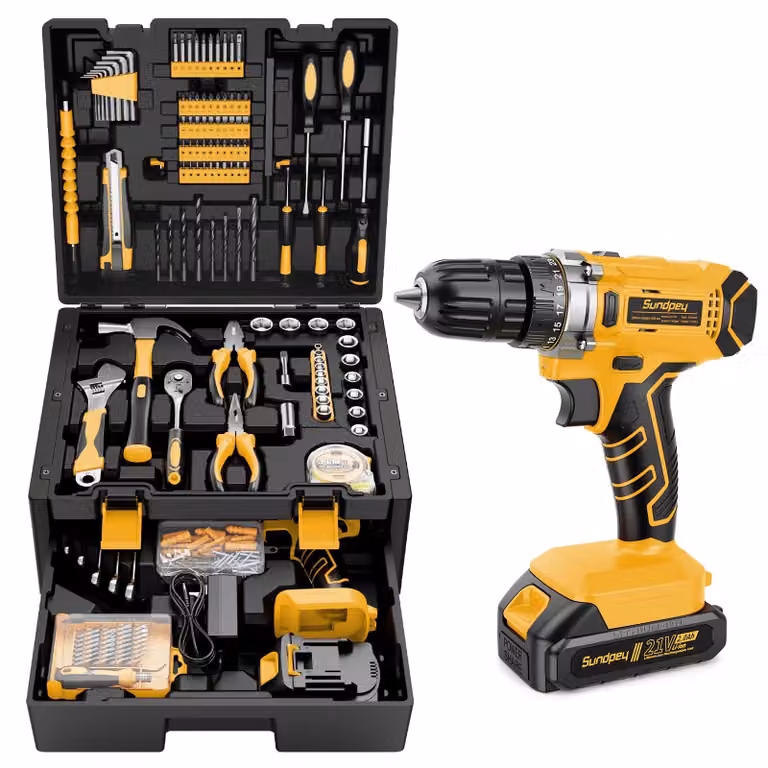 Valigetta con avvitatore a batteria da 21V - Set da 267 pezzi - Batteria agli ioni di litio - Colore giallo