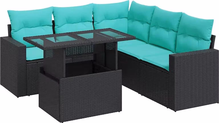 Set Divano da Giardino 6 pz con Cuscini Nero Polyrattan Acacia