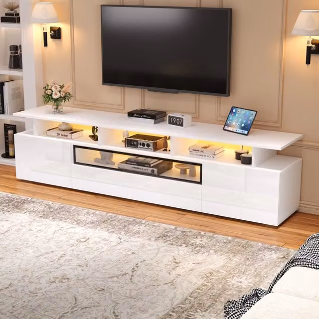 Mobile TV ULEVR 180x38x45 cm con 2 vani chiusi, 1 cassetto, LED controllabile via app, bianco lucido