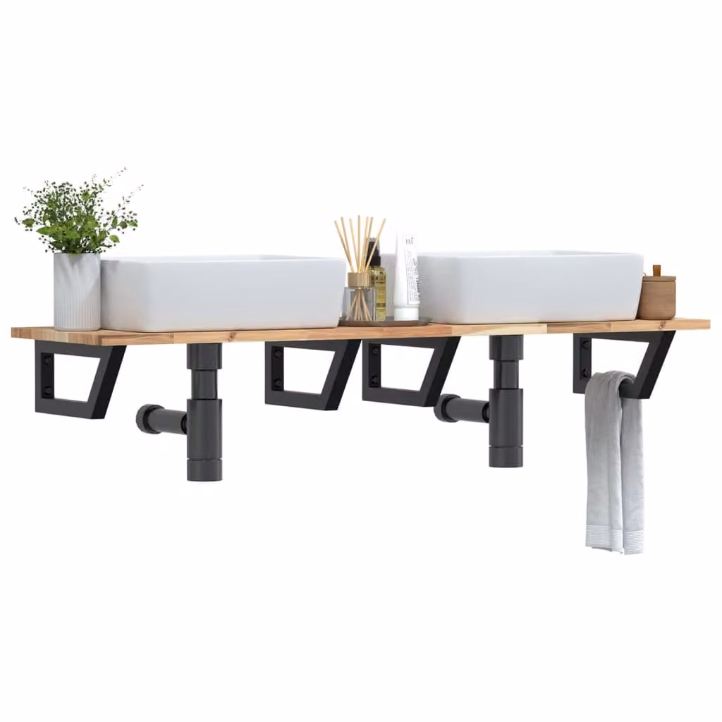 vidaXL Ripiano a Parete per Lavabo in Accacia e Acciaio, Nero e Marrone, L: 40 cm, P: 17 cm, H: 40 cm