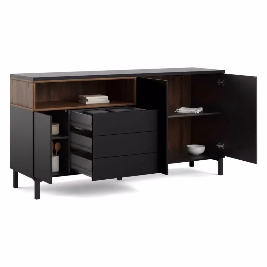 Credenza Julie DMORA, Buffet e Madia moderna per soggiorno o cucina, Nero e Noce, L: 176 cm, P: 48 cm, H: 90 cm – 2