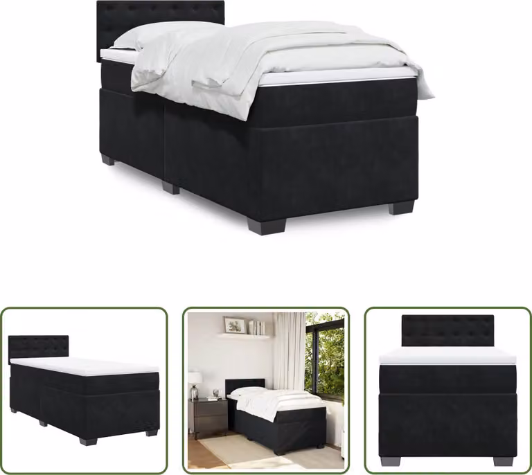 The Living Store Letto a molle con materasso nero 90x190 cm in velluto